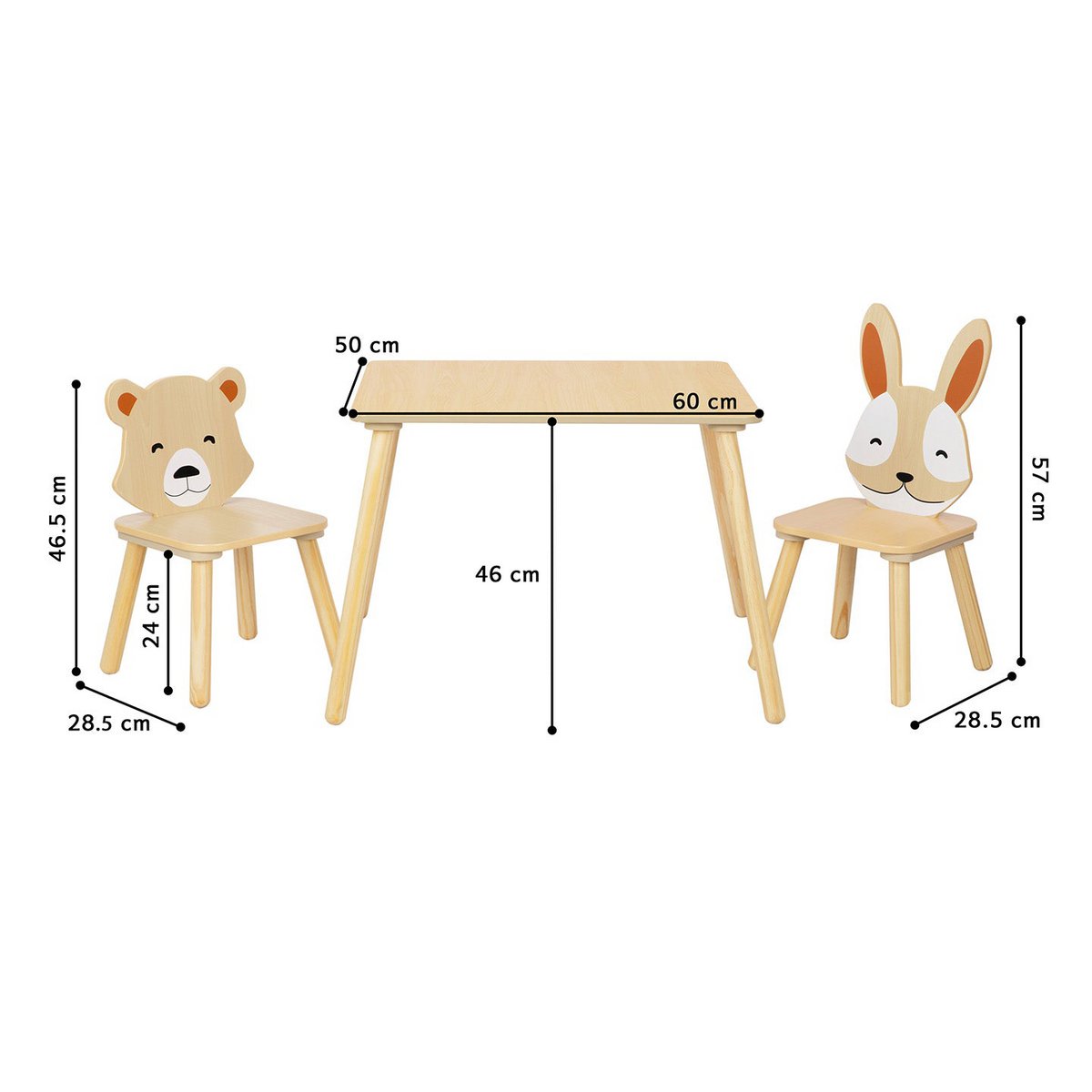 Houten kindertafel met 2 dierenstoeltjes