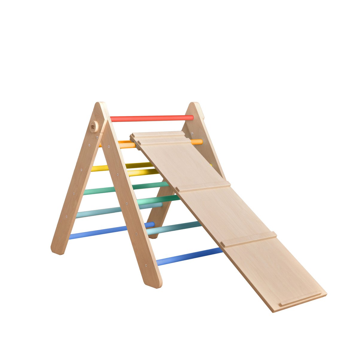Houten Klimdriehoek met glijbaan – regenboogkleur