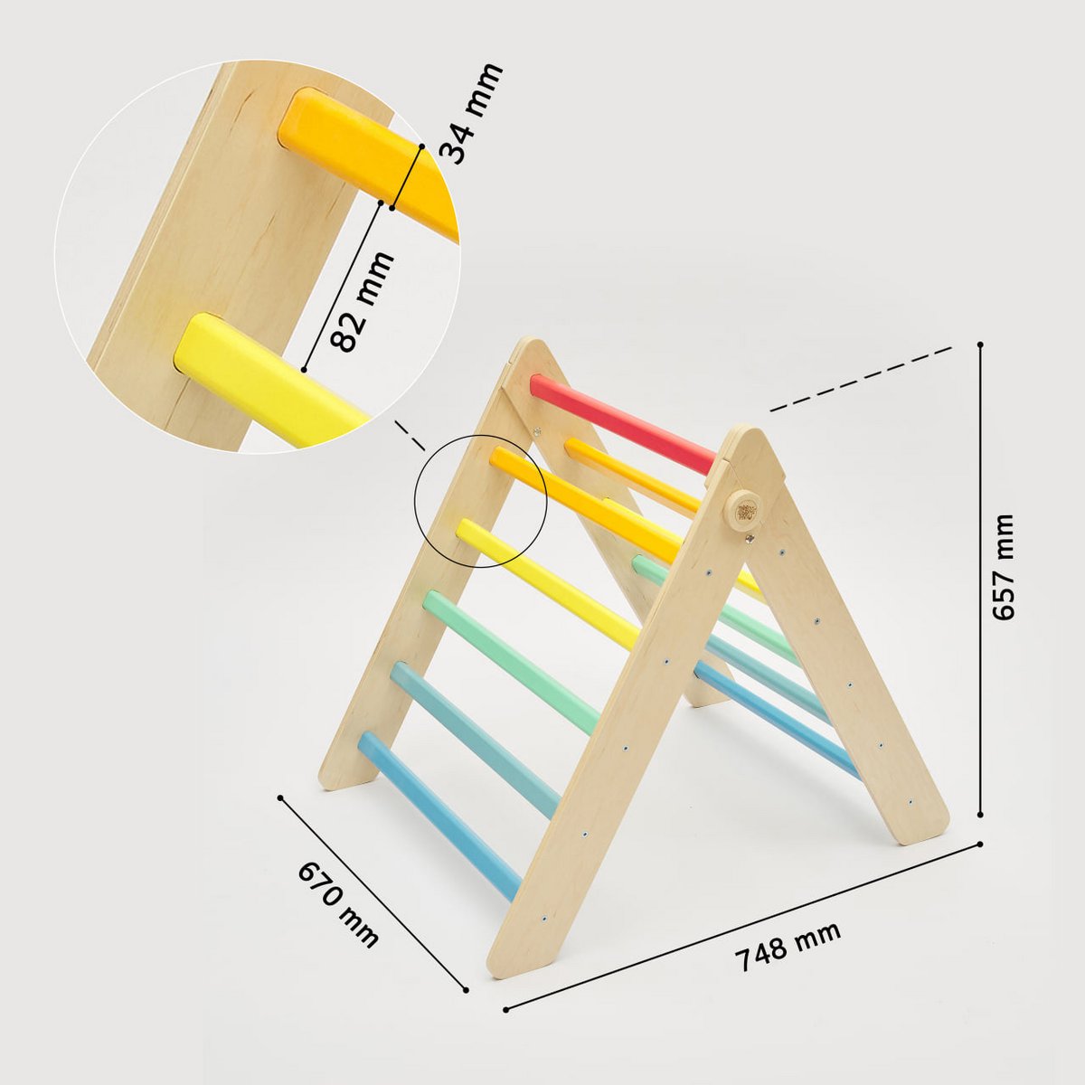 Houten Klimdriehoek met glijbaan – regenboogkleur