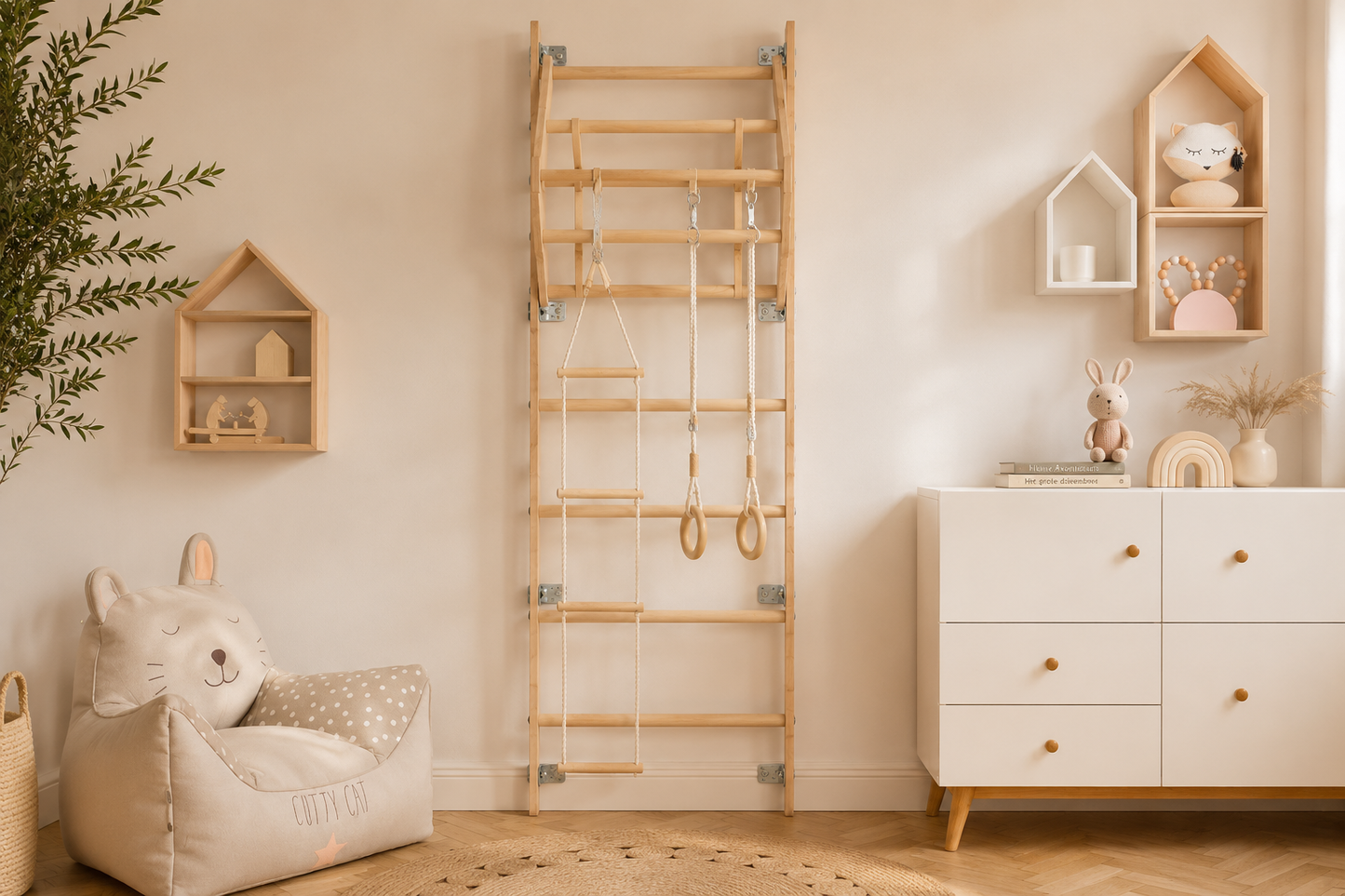 Houten Zweedse Klimwand / klimrek voor Kinderen met Klimtouw en Turnringen