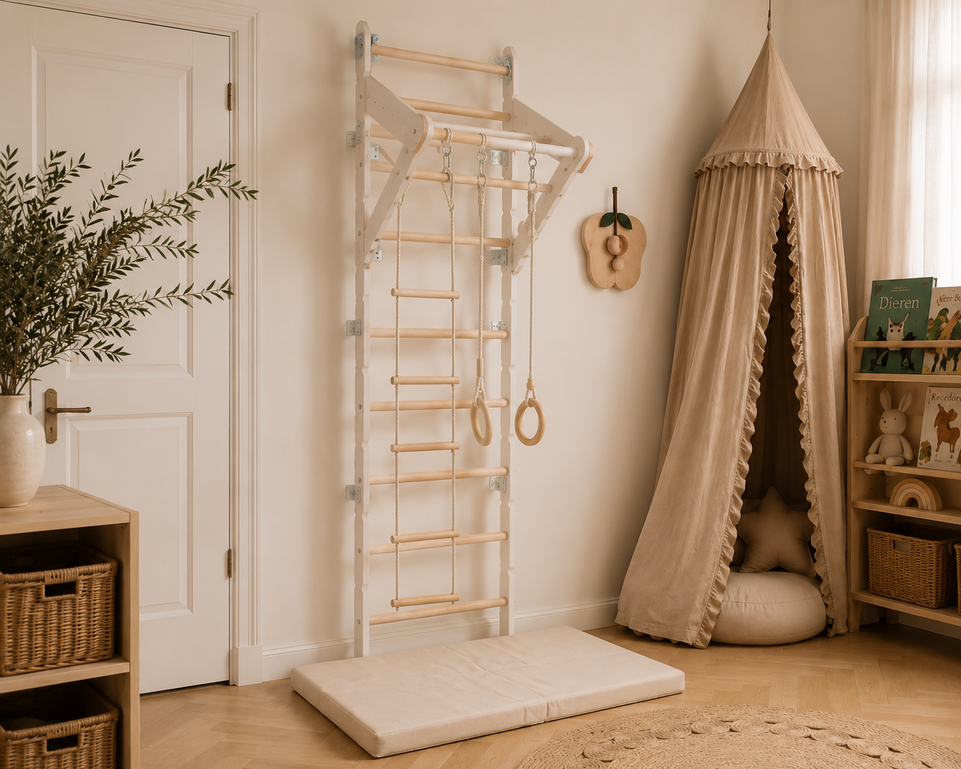 Houten Zweedse Klimwand / klimrek voor Kinderen met Klimtouw en Turnringen