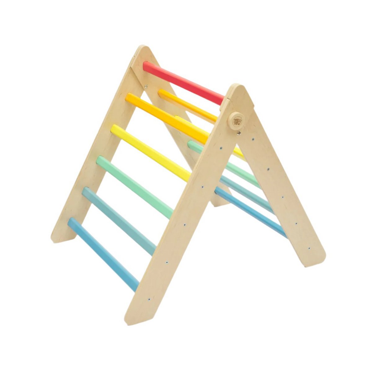 Houten Klimdriehoek met glijbaan – regenboogkleur